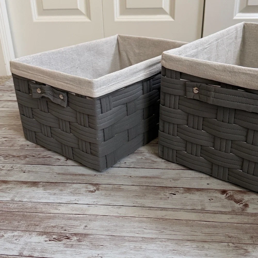 Pair Woven Fabric Baskets with Linen Liner Gray Beige 15